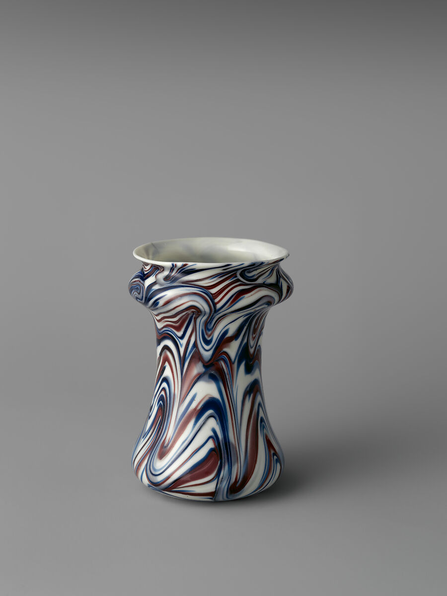 Pharmacy jar (albarello), Glass; blown, marbleized decoration, possibly Italian, Venice (Murano) or possibly French, façon de Venise