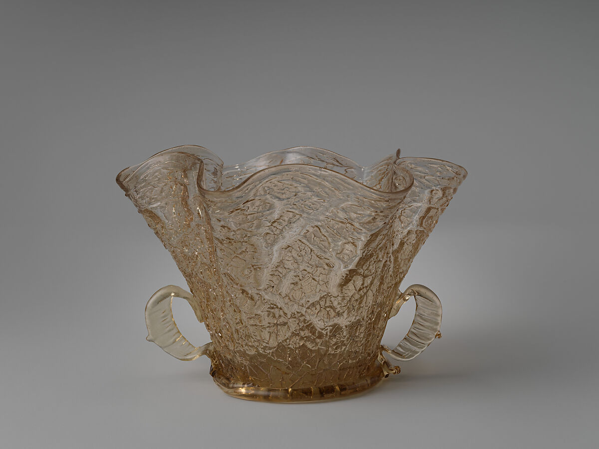 Bowl, Glass; blown, a ghiaccio, applied decoration, Spanish, probably Catalonia, façon de Venise