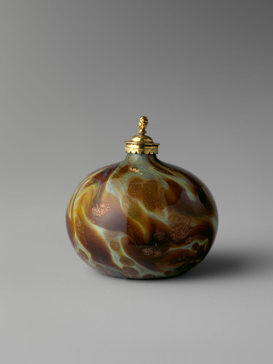 Perfume bottle, Chalcedony and aventurine glass, blown with gilded bronze mount and stopper, Italian, Venice (Murano)
