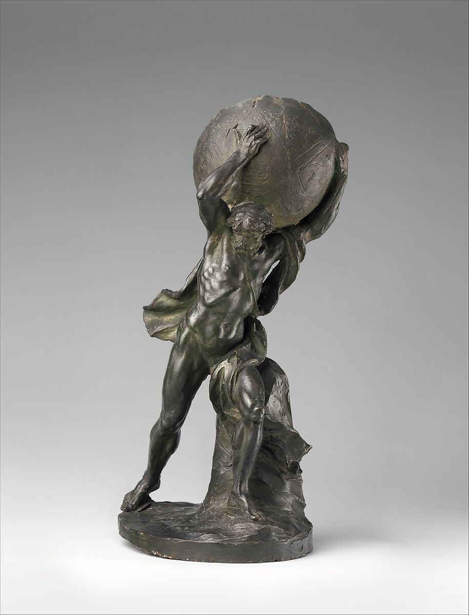 Hercules or Atlas Supporting the Globe, Clodion (Claude Michel)  French, Terracotta, painted to resemble bronze, French, Paris