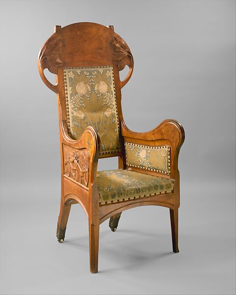 Armchair, Henri-Jules-Ferdinand Bellery-Desfontaines  French, Walnut, brass, copper, and cotton, wool, and silk tapestry, French, Paris