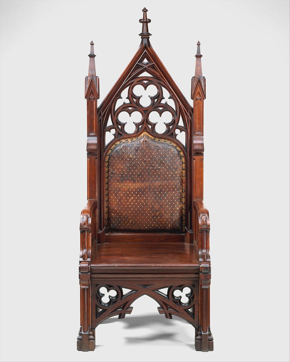 Armchair, Gustave Herter  German (Stuttgart, principality of Württemberg), Walnut, original leather, modern velvet cushion, American