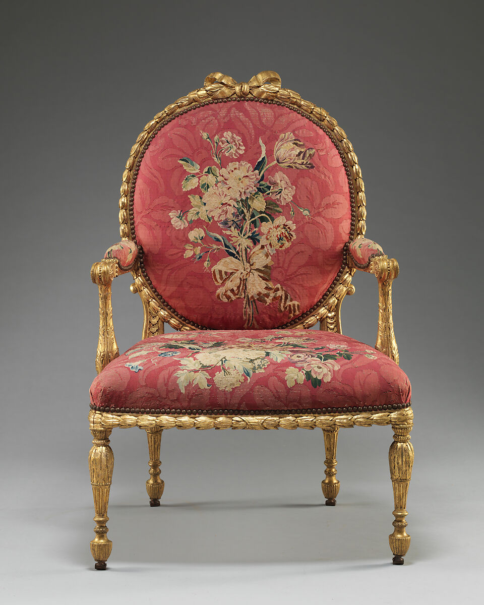 Armchair (one of a set of six), John Mayhew (British, 1736–1811), Gilded fruitwood; wool and silk (22-24 warps per inch, 9-10 per centimeter), British and French 
