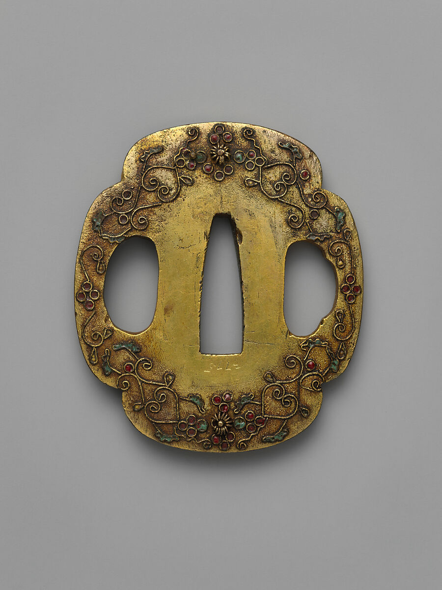 Sword Guard (<i>Tsuba</i>) With the Motif of Chrysanthemums and Arabesques (菊唐草に七宝図鐔), Brass, enameled cloisonné (<i>shippō</i>), copper, Japanese