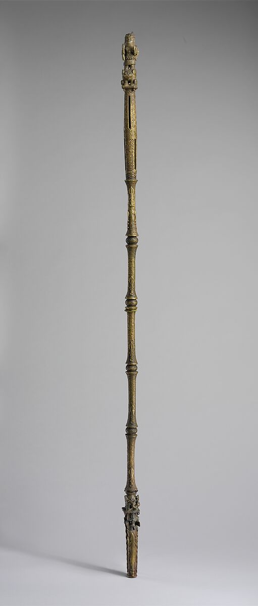 Rattle Staff: Oba Akenzua I Standing on an Elephant (Ukhurhe), Brass, copper, iron, paint(?), Edo peoples