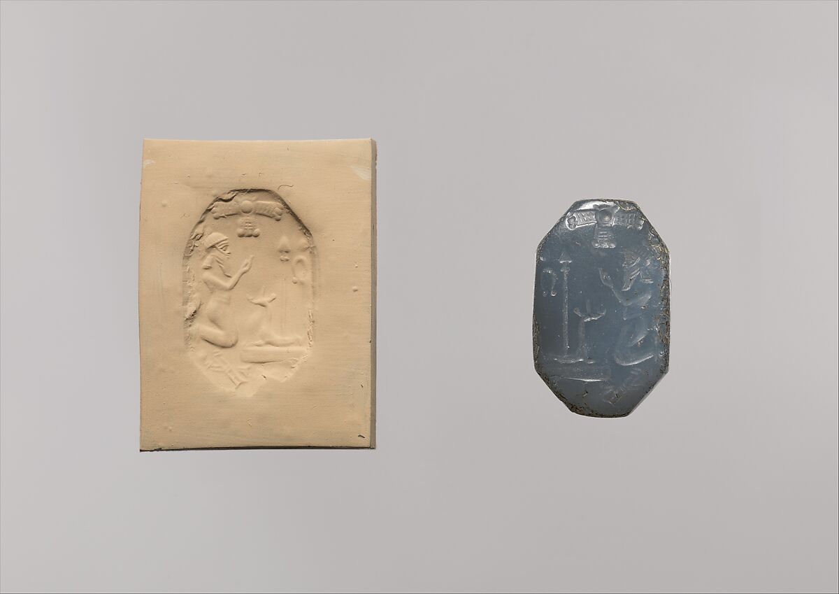 Stamp seal (octagonal pyramid) with cultic scene
, Blue Chalcedony (Quartz), Assyro-Babylonian