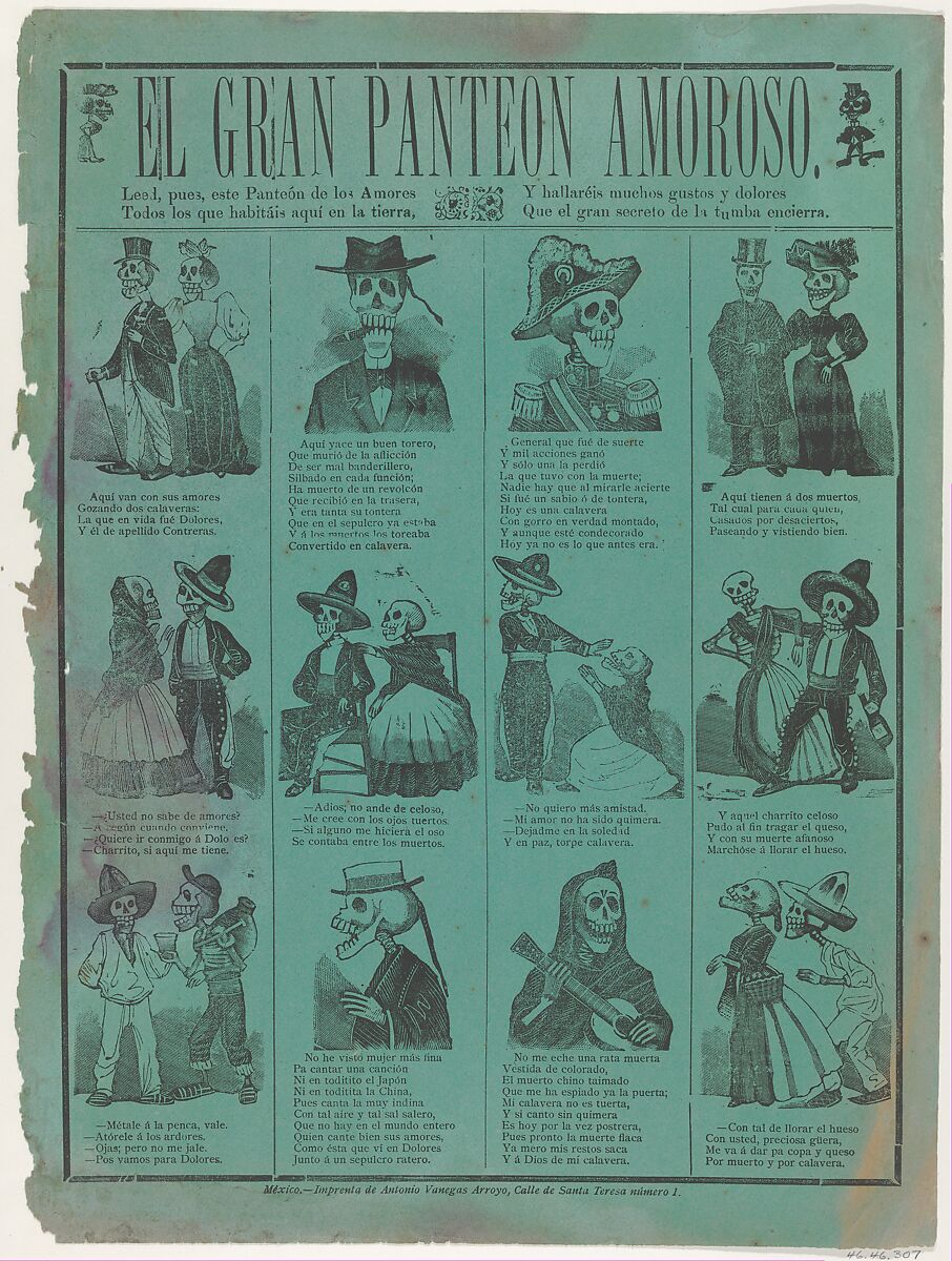 The great pantheon of love, José Guadalupe Posada  Mexican, Type-metal engraving and letterpress on green paper