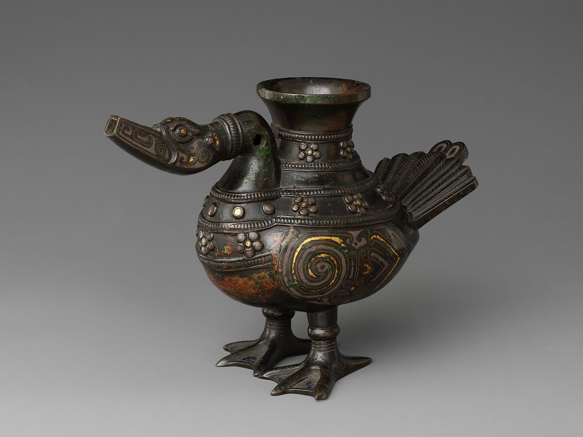 Vessel in the shape of a waterfowl (fuzun), Copper alloy, gold and silver inlay, China