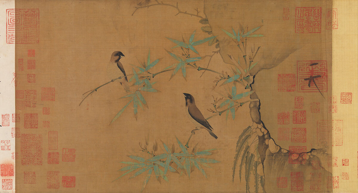 Finches and bamboo, Emperor Huizong  Chinese, Handscroll; ink and color on silk, China