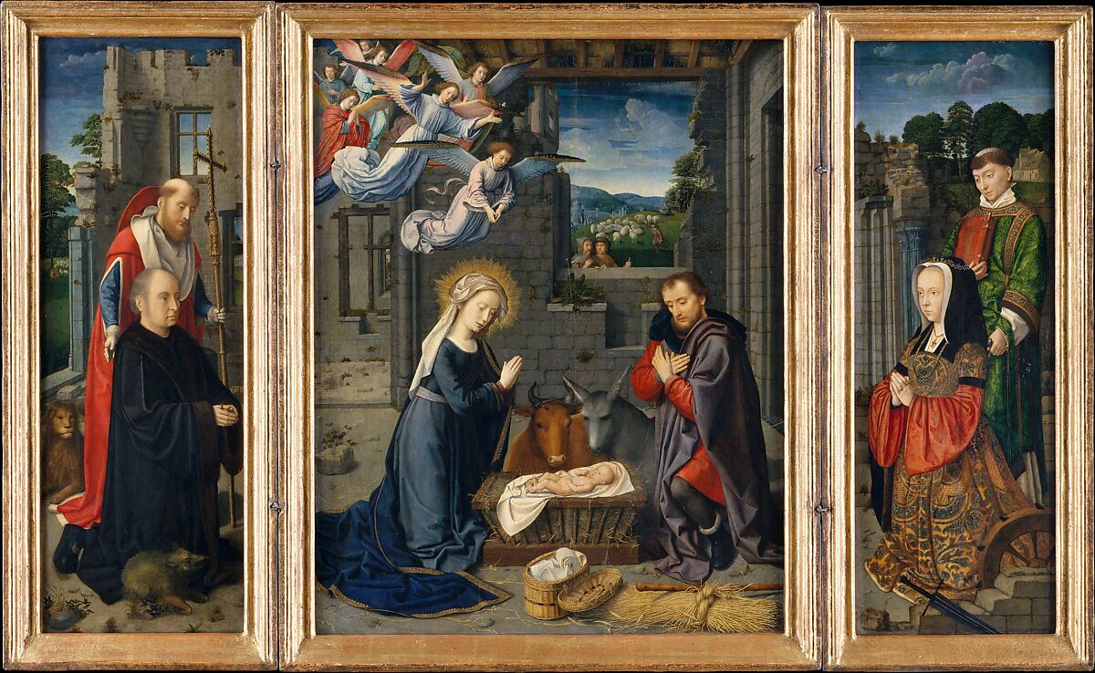 The Nativity with Donors and Saints Jerome and Leonard, Gerard David  Netherlandish, Oil on canvas, transferred from wood
