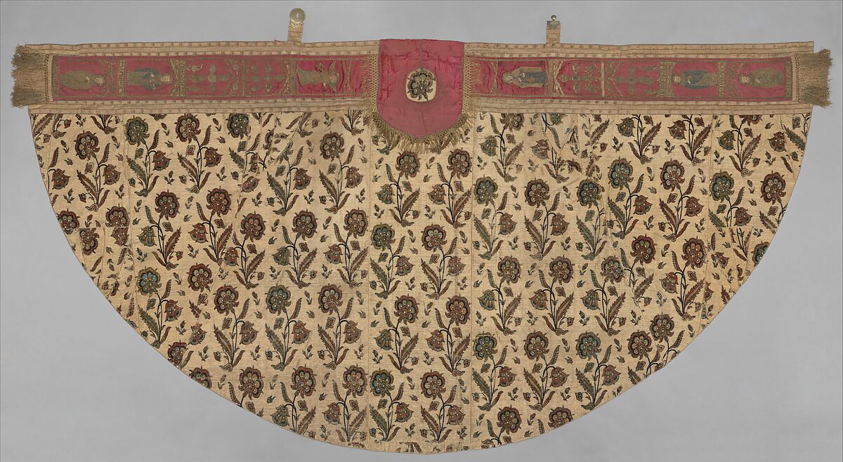 Cope, Silk, cotton, metal wrapped thread; cut and voided velvet, brocaded, embroidered, with engraved metal fittings