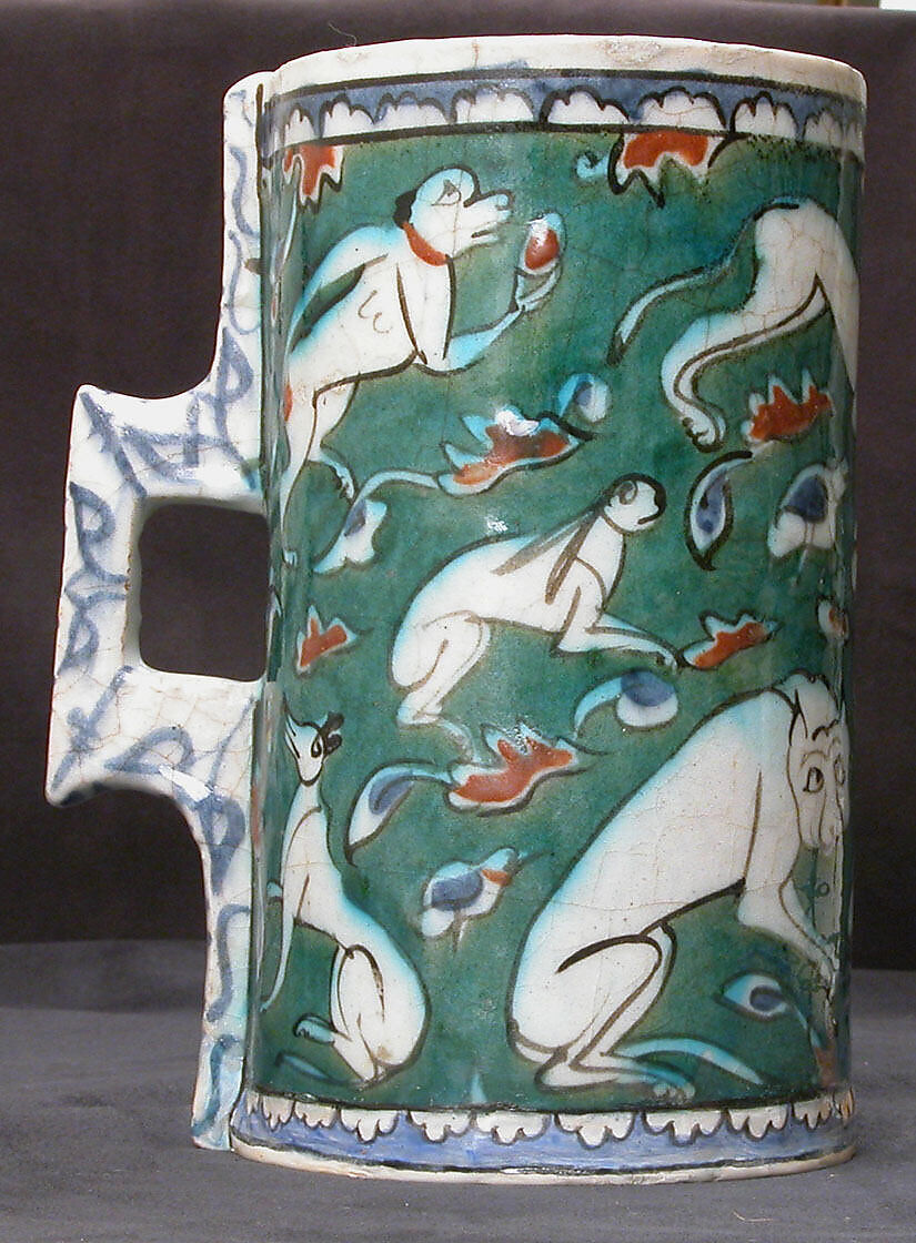 Tankard in Imitation of Metalwork Form, Stonepaste; polychrome painted under transparent glaze 