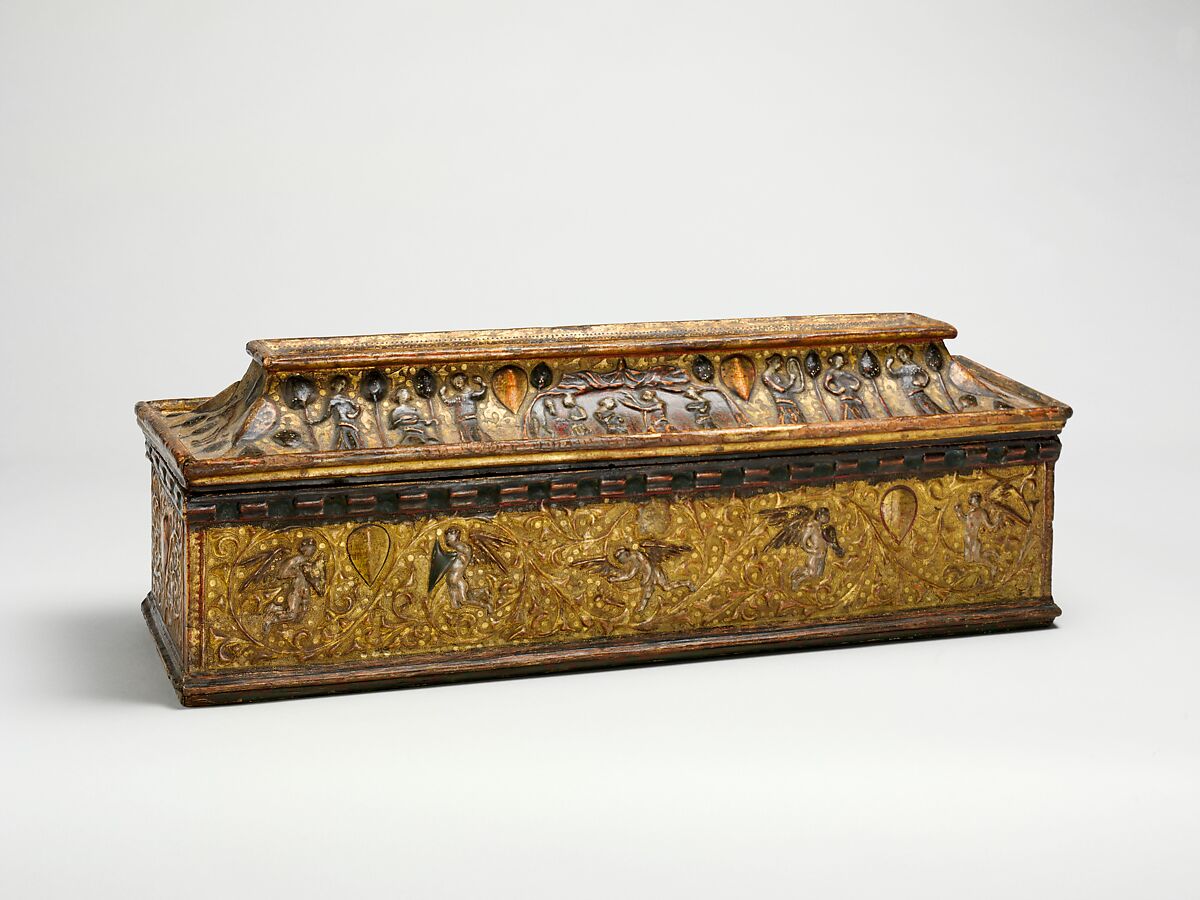 Coffret, Walnut, leather, gesso, painting, and gilding, Italian