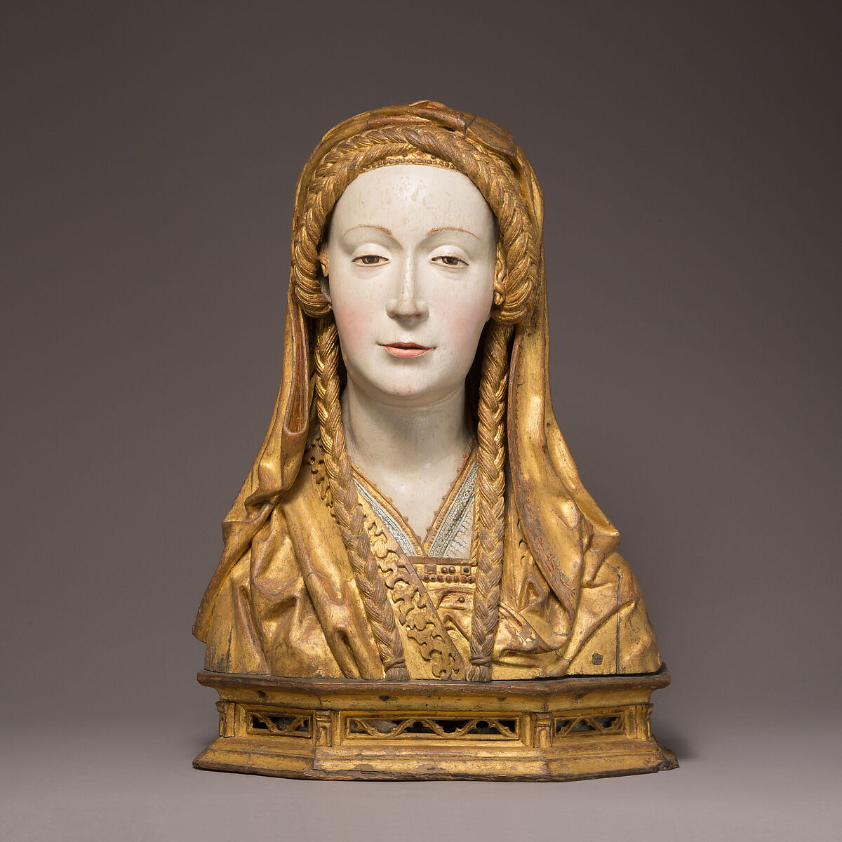 Reliquary Bust of a Female Saint, Oak, painted and gilded, and human remains, South Netherlandish