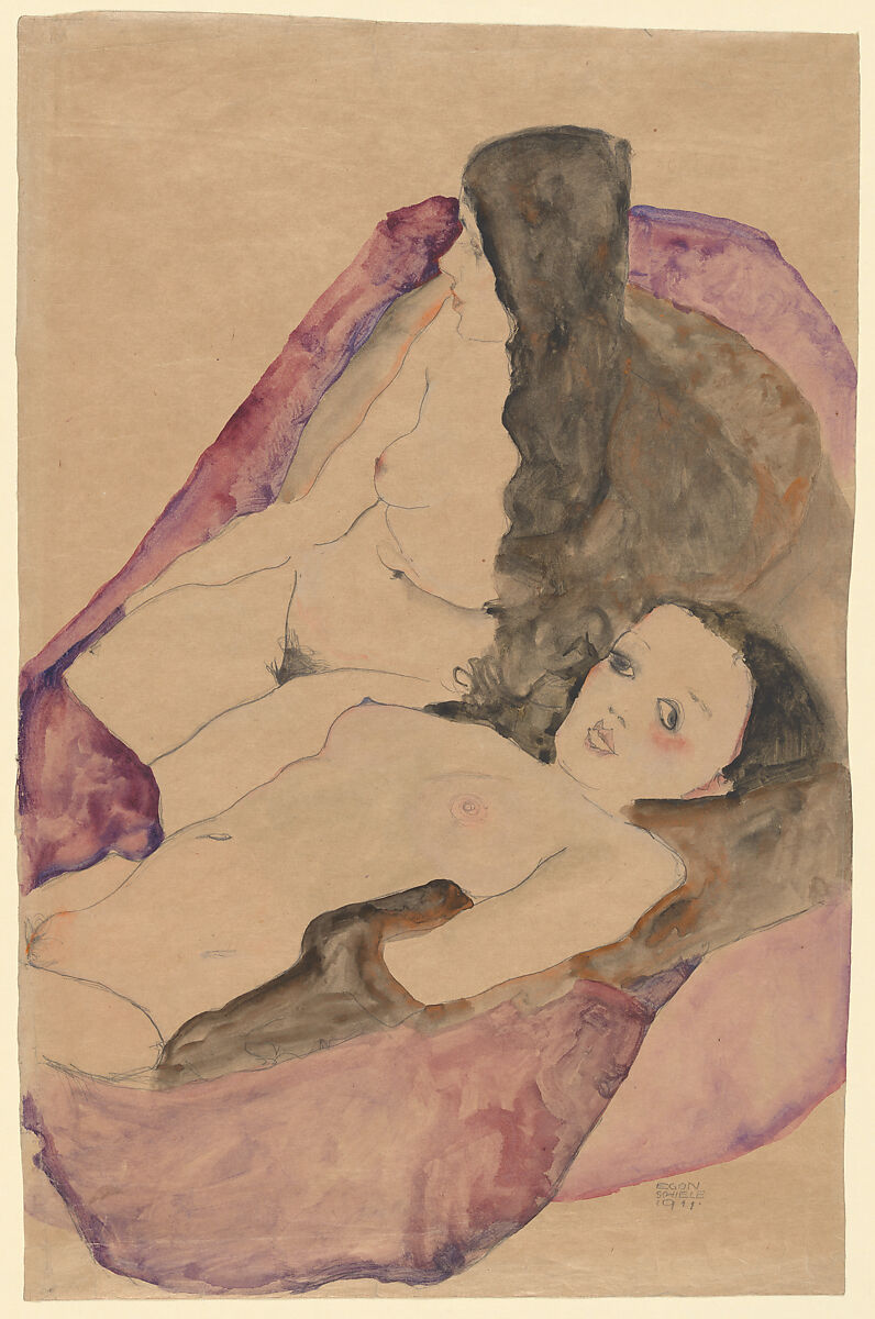Two Reclining Nudes, Egon Schiele (Austrian, Tulln 1890–1918 Vienna), Watercolor and graphite on paper 