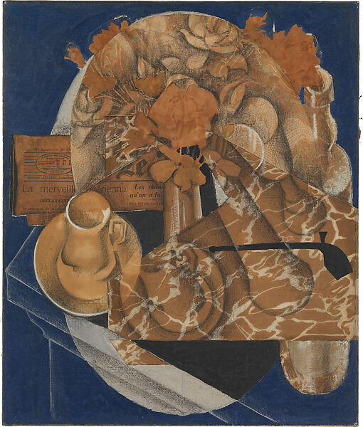 Flowers, Juan Gris  Spanish, Collage of cut printed and painted papers with black crayon, black, blue and white matte opaque paints on canvas, mounted to a honeycomb panel