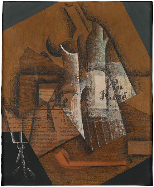 Bottle of Rosé Wine, Juan Gris  Spanish, Collage of cut printed and painted papers with black and green crayon, charcoal, white, black and dark green opaque matte paints and selectively applied glaze, mounted on canvas
