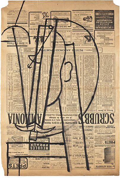 Head of a Man with a Mustache, Pablo Picasso  Spanish, Brush and black ink, charcoal, and graphite on newspaper