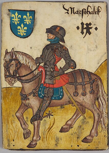 9 (Marshal) of France, from The Courtly Household Cards, Woodcut on paper (pasteboard) with watercolor, opaque paint, pen and ink, and tooled gold and silver, German