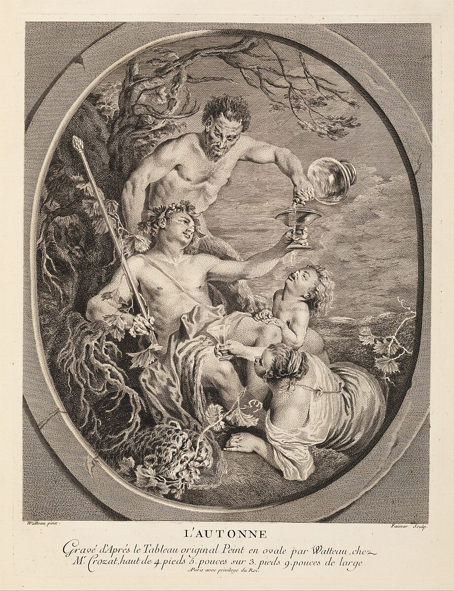 L'Autonne, in L'Oeuvre D'Antoine Watteau Pientre du Roy en son Academie Roïale de Peinture et Sculpture Gravé d'après ses Tableaux & Desseins originaux...par les Soins de M. de Jullienne, Volume II, page 52, Etienne Fessard  French, Engraving