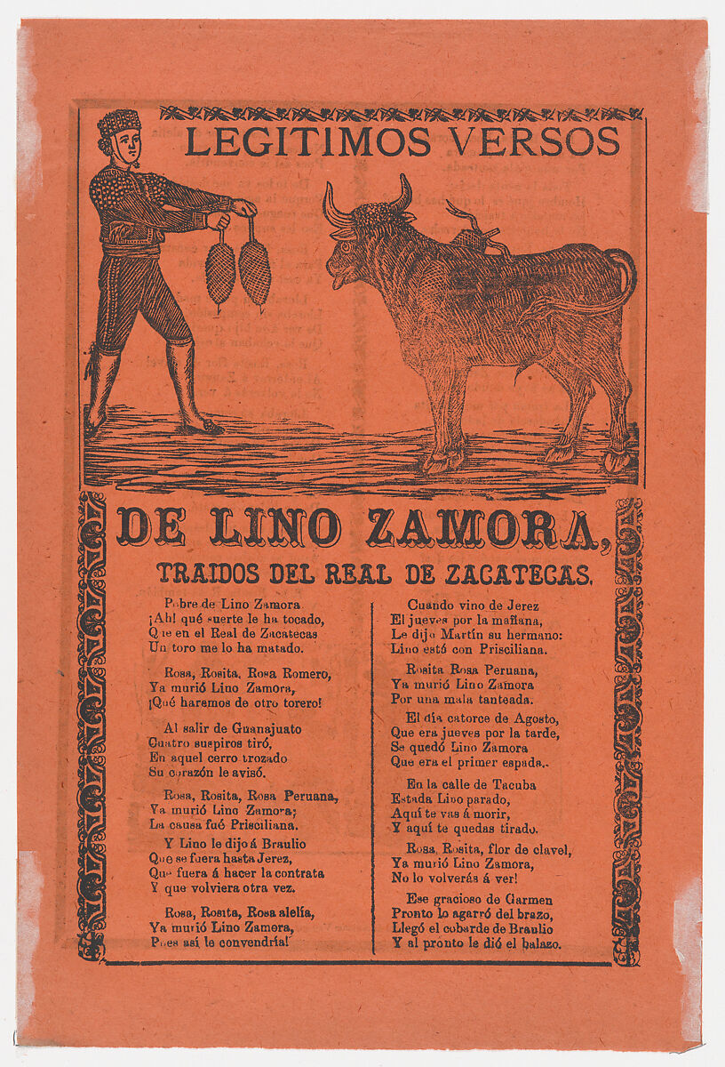Broadside (recto) true verses about Lino Zamora from Real de Zacatecas (image of banderillero and bull by Manilla), and a funeral scene on verso (possibly by Posada), Manuel Manilla  Mexican, Type-metal engraving and letterpress on orange paper