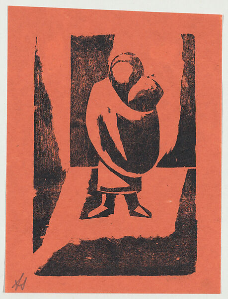 'The family', a woman holding a child, from the folio '13 Grabados', David Alfaro Siqueiros  Mexican, Woodcut on orange paper