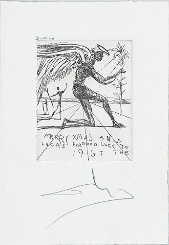 A Christmas card to the Lucas family, a kneeling angel and two other figures