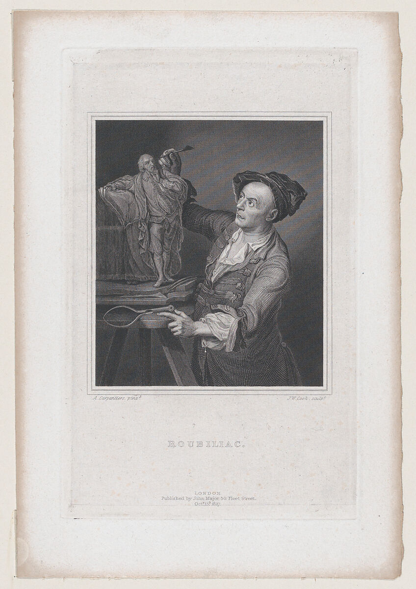 Roubiliac with the Model for Garrick's Shakespeare (Walpole's "Anecdotes of Painting in England," vol. 4), James William Cook  British, Engraving on chine collé