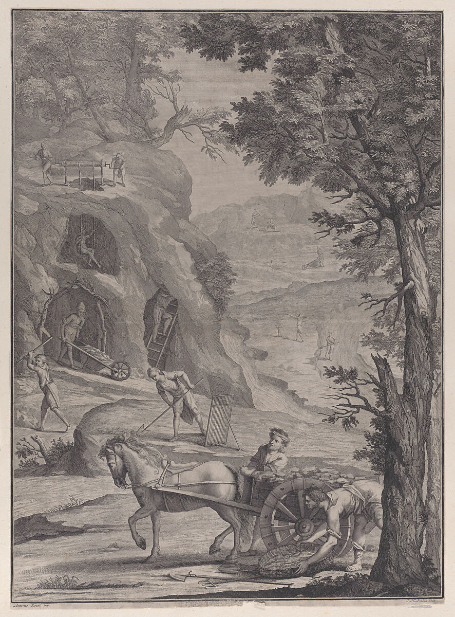 Men quarrying or mining for gold, from 'Danubius Pannonico-Mysicus' (Volume 3), Jacob Houbraken  Dutch, Etching