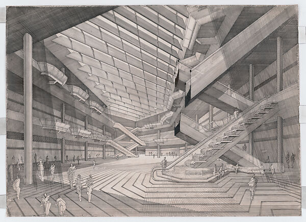 Perspective drawing of the lobby interior of The Concourse (partially demolished), Singapore, Paul Rudolph  American, Ink on vellum