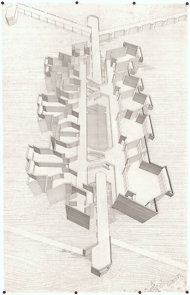 Aerial perspective section drawing of East Pakistan (now Bangladesh) Agricultural University, Mymensingh, Paul Rudolph  American, Ink on tracing paper