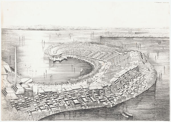 Aerial perspective of the Stafford Harbor residential project (unbuilt), Virginia, Paul Rudolph  American, Xerox copy on vellum