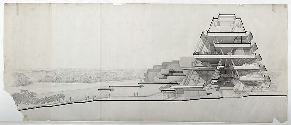 Perspective section drawing of the Burroughs-Wellcome Company Headquarters (demolished), North Carolina, Paul Rudolph  American, Ink on vellum