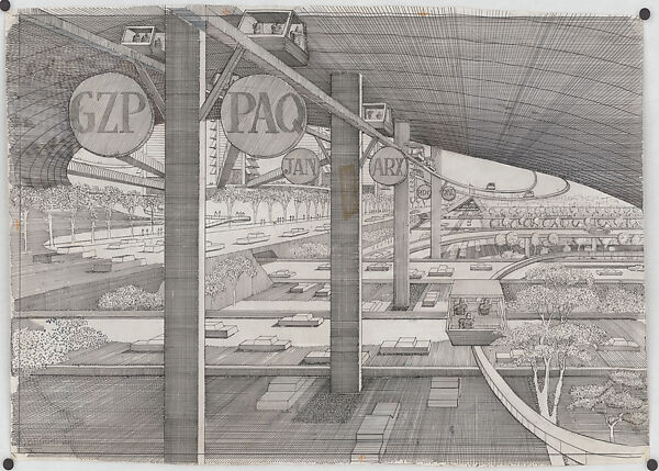 Perspective drawing of the Lower Manhattan Expressway / City Corridor project (unbuilt), New York, Paul Rudolph  American, Ink & colored pencil on tracing paper