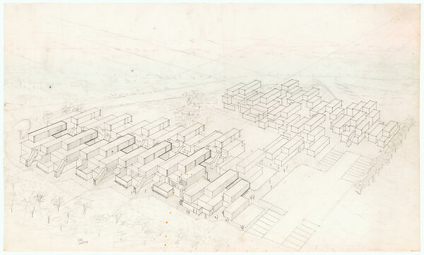 Isometric study of modules for the Fort Lincoln housing project (unbuilt), Washington, DC, Paul Rudolph  American, Graphite on tracing paper