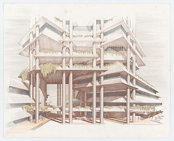 Perspective of the Wisma Dharmala Headquarters Building (now Intiland Tower), Jakarta, Paul Rudolph  American, Colored pencil on diazo