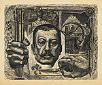 The Arts (Las Artes): a printing press, a sculptor, a hand holding brushes, Xavier González Iñiguez  Mexican, Linocut